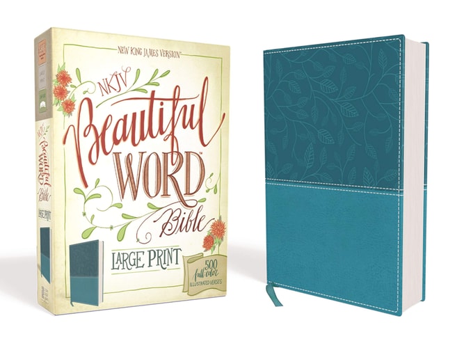 NKJV, Beautiful Word Bible, Large Print, Leathersoft, Teal, Red Letter: 500 Full-Color Illustrated Verses